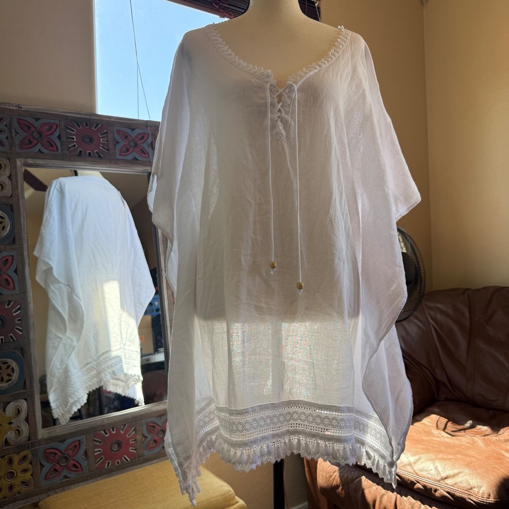 SeaSpice Resort Wear Tunic Womens Medium White NWT Peruvian Cotton Crochet Boho